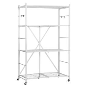 4-Tier Foldable Storage Shelf, 36W x 21D x 60 H Inch Folding Metal Rack Shelving Unit, No Assembly Organizer Shelf with 5 Wheels & 4 Hooks for Pa