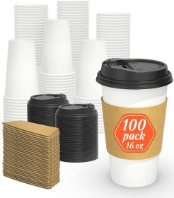 100 Pack 16 oz Disposable Coffee Cups with Lids and Sleeves, Sturdy Thick Paper Leak-free Insulated to Go Paper Hot Coffee Cups for Hot Cold Beve
