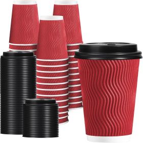 12 OZ Disposable Coffee Cups with Lids 50 Pack, Paper Insulated Corrugated Ripple Wall Cup for Hot Beverages (Red)