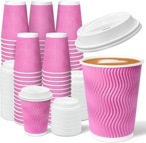 100 Pack 12 oz Pink Disposable Insulated Coffee Cups with Lids - Ripple Wall Hot Paper To-Go Cups for Coffee, Tea, Cocoa, and Drinks - For Home