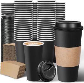100 Pack 20 oz Disposable Coffee Cups with Lids and Sleeves, Leak-Free Black Insulated Hot To Go Cups for Coffee Bars, Restaurants, Offices